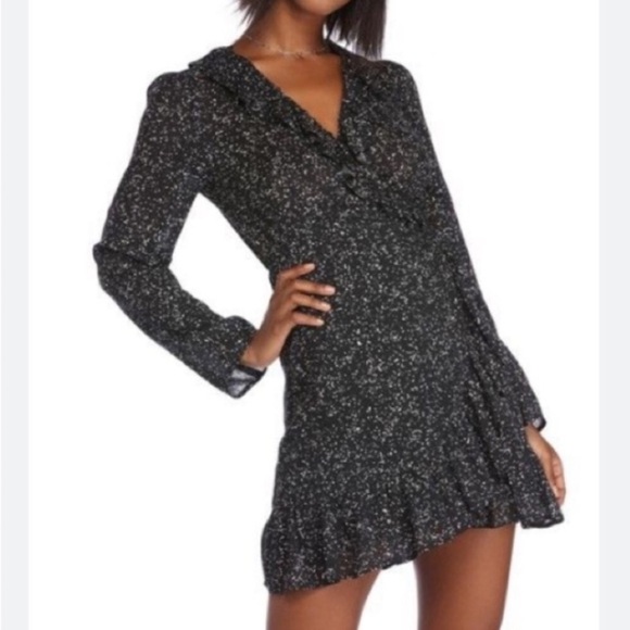 Windsor Ruffle Black Speak Wrap Dress Mini Size Medium - Picture 3 of 12